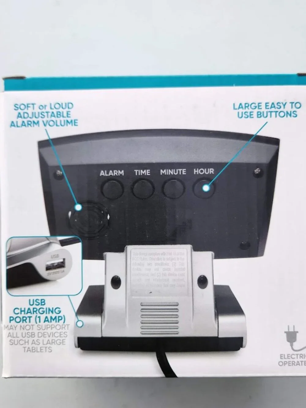Digital Desk Table Alarm Clock with USB Charging Port Black Silver LED Large 0.9
